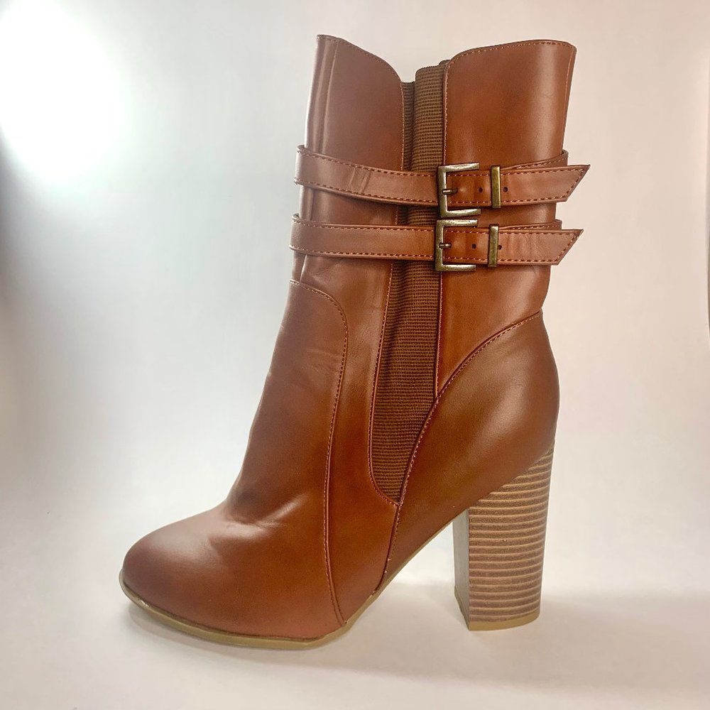 Zoey Round Toe Buckle Zip Up Leather Chunky Heeled Boots